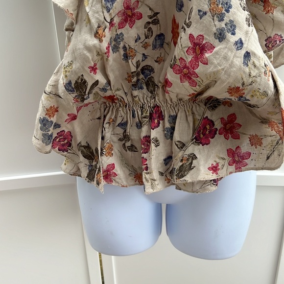 Alessia Pacini  100% Linen sleeveless shoulder ruffle shirt size XL floral - Picture 3 of 8